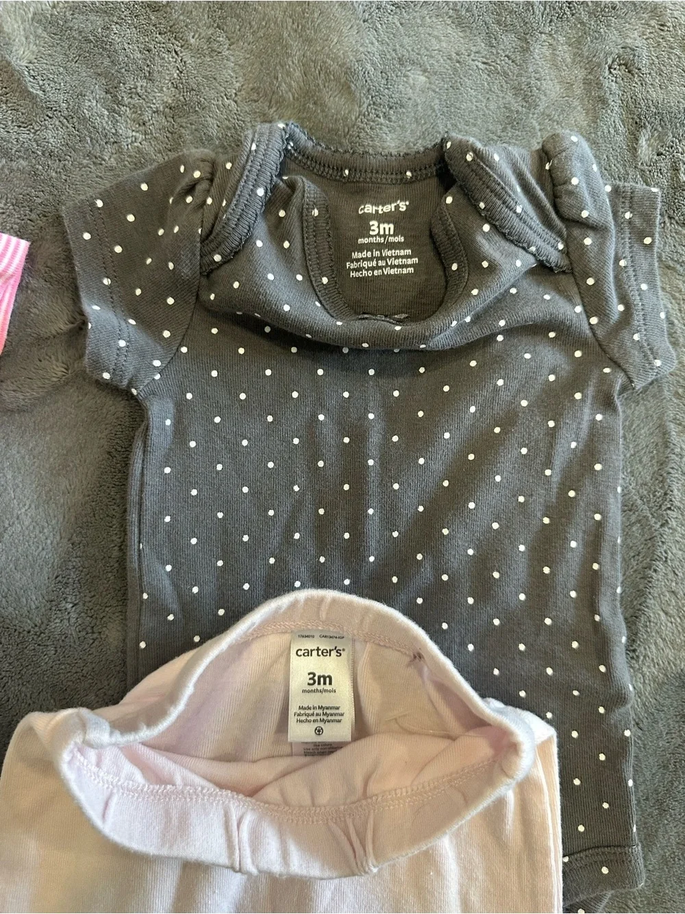 Carter's Pink Stripe & Gray Polka Dot Bodysuit Set with Gray and Cream Pants